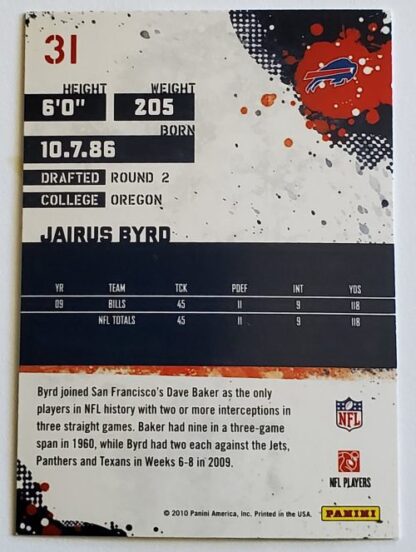 Jairus Byrd Score 2010 NFL Trading Card #31 Buffalo Bills Back