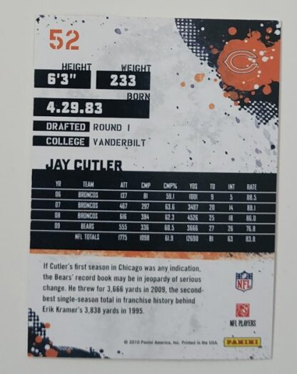 Jay Culter Score 2010 NFL Trading Card #52 Chicago Bears Back