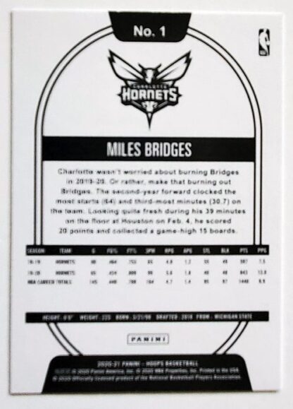 Miles Bridges Panini Hopps 2020 NBA Card #1 Charlotte Hornets Back