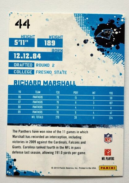 Richard Marshall Score 2010 NFL Trading Card #44 Carolina Panthers Back