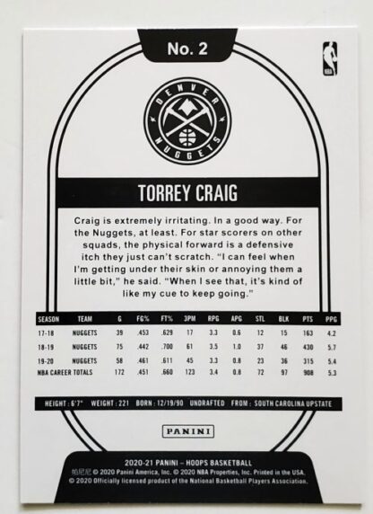 Torrey Craig Panini Hoops 2020 NBA Card #2 Denver Nuggets Back