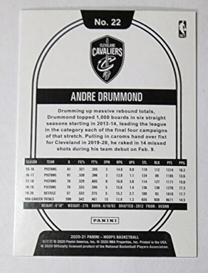 Andre Drummond Panini Hoops 2020 NBA Card #22 Cleveland Cavaliers Back