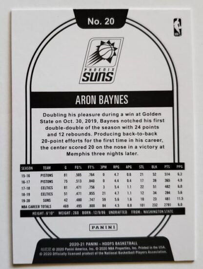 Aron Baynes Panini Hoops 2020 NBA Card #20 Phoenix Suns Back