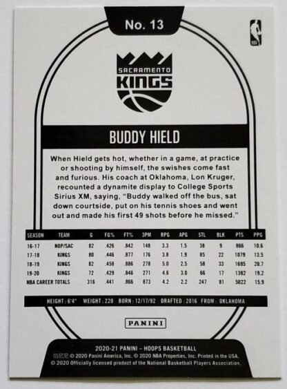 Buddy Hield Panini Hoops 2020 NBA Card #13 Sacramento Kings Back