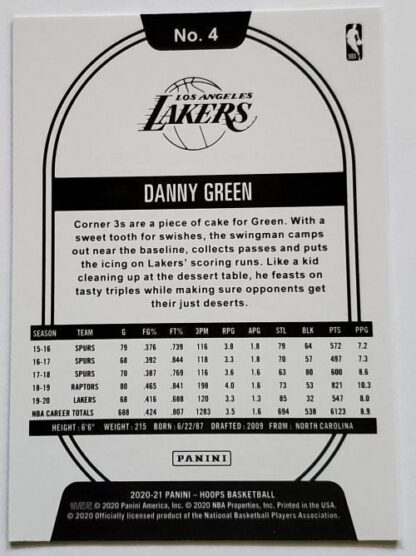 Danny Green Panini Hoops 2020 NBA Card #4 Los Angeles Lakers back