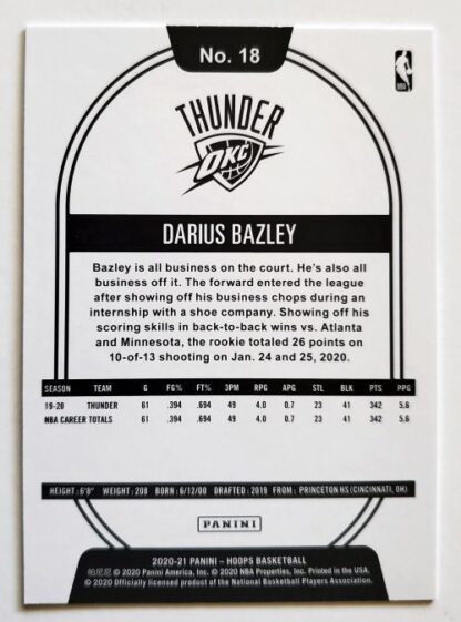 Darius Bazley Panini Hoops 2020 NBA Card #18 Oklahoma City Thunder back