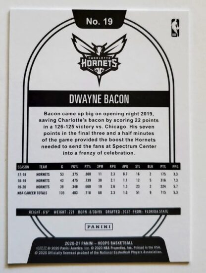 Dwayne Bacon Panini Hoops 2020 NBA Card #19 Charolette Hornets Back