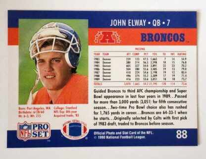 John Elway Pro Set 1990 NFL Card #88 Quarterback Denver Broncos Back