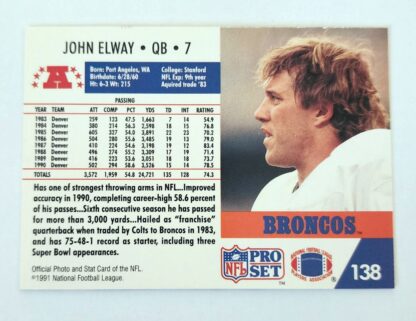 John Elway Pro Set 1991 NFL Card #138 Quarterback Denver Broncos back