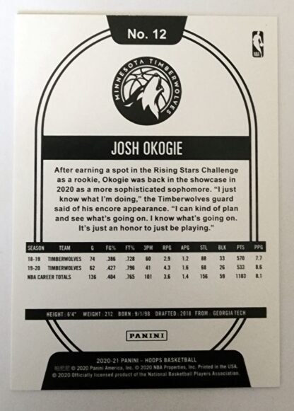 Josh Okogie Panini Hoops 2020 NBA Card #12 Minnesota Timberwolves Back