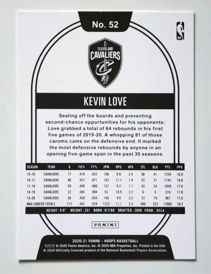 Kevin Love Panini Hoops 2020 NBA Card #52 Cleveland Cavaliers back