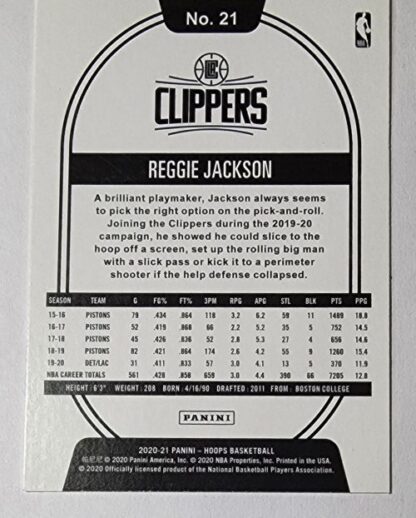 Reggie Jackson Panini Hoops 2020 NBA Card #21 Los Angeles Clippers Back