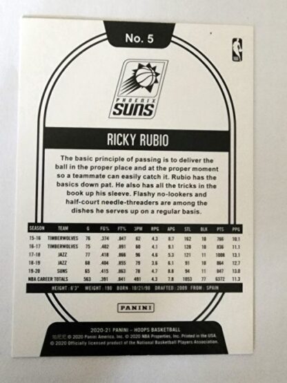 Ricky Rubio Panini Hoops 2020 NBA Card #5 Phoenix Suns Back