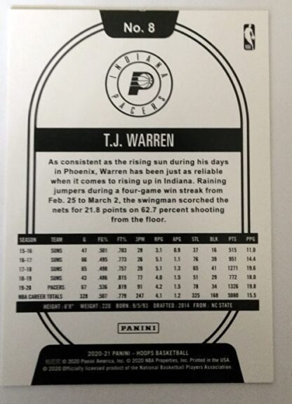 T.J Warren Panini Hoops 2020 NBA Card #8 Indiana Pacers back