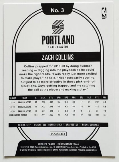 Zach Collins Panini Hoops 2020 NBA Card #3 Portland Trailblazers Back