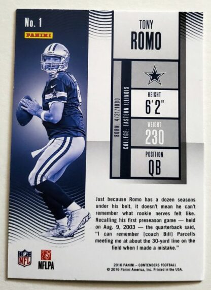Tony Romo Panini Contenders 2016 NFL Trading Card #1 Dallas Cowboys back