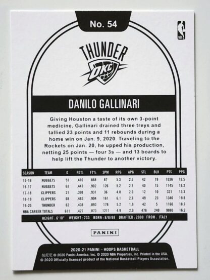 Danilo Gallinari Hoops Panini 2020 NBA Trading Card #54 OKC Thunder Back