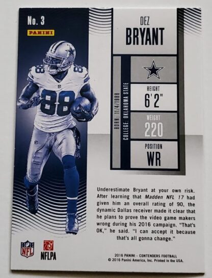 Dez Bryant Panini Contenders 2016 NFL Trading Card #3 Dallas Cowboys Back