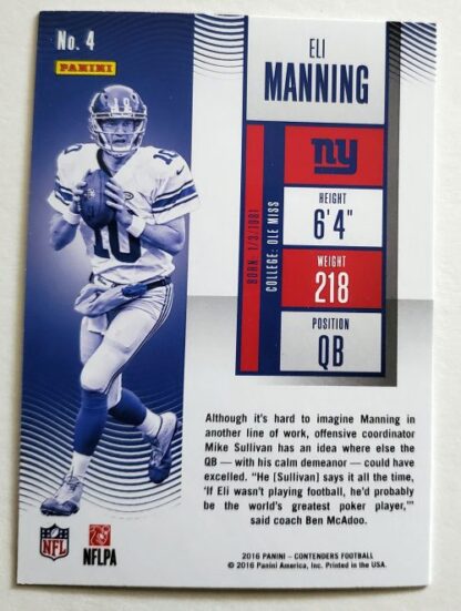 Eli Manning Panini Contenders 2016 NFL Trading Card #4 New York Giants back
