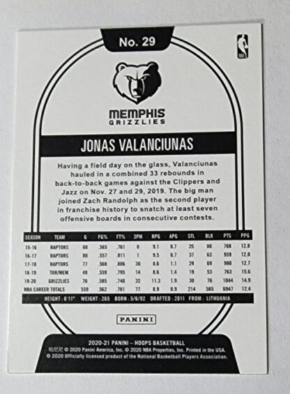 Jonas Valanciunas Hoops Panini 2020 NBA Trading Card #29 Memphis Grizzles Back