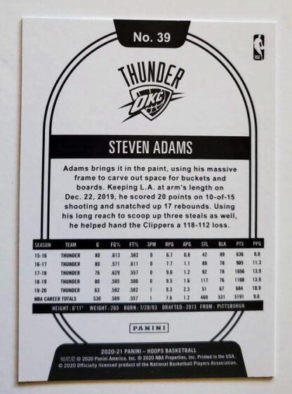 Steven Adams Panini Hoops 2020 NBA Card #39 Oklahoma City Thunder back