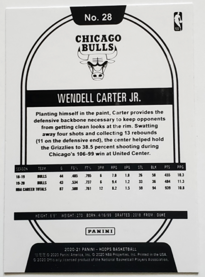 Wendell Carter Jr. Hoops Panini 2020 NBA Trading Card #28 Chicago Bulls back