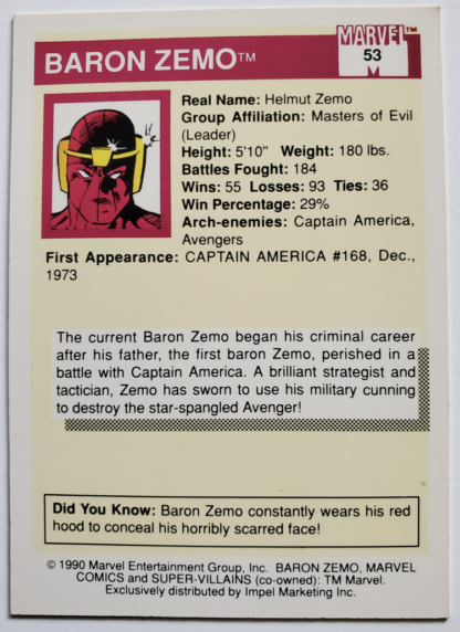 Baron Zemo Marvel 1990 Impel Marketing Comic Card #53 Back