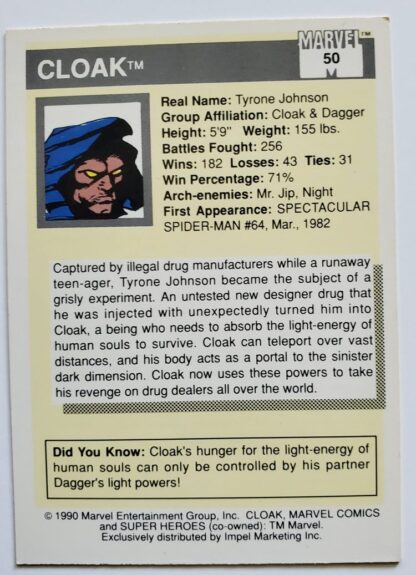 Cloak Torch Marvel 1990 Impel Marketing Comic Card #50 Back