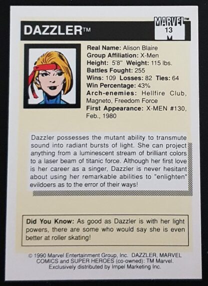 Dazzler Marvel 1990 Impel Marketing Comic Card #13 Back