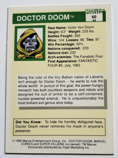 Doctor Doom Marvel 1990 Impel Marketing Comic Card #60 back