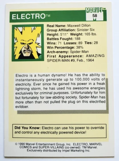 Electro Marvel 1990 Impel Marketing Comic Card #58 Back