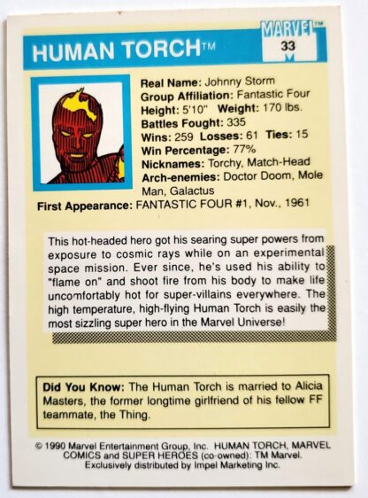 Human Torch Marvel 1990 Impel Marketing Comic Card #33 Back