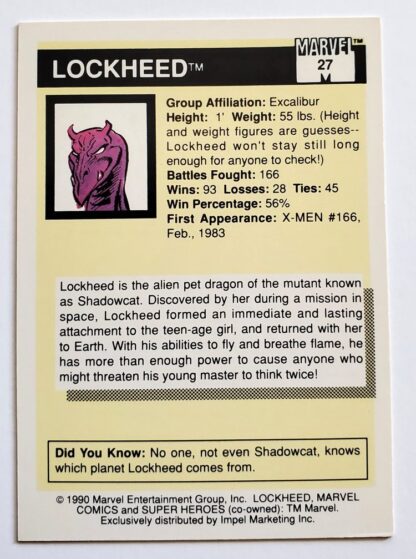 Lockheed Marvel 1990 Impel Marketing Comic Card #27 Back