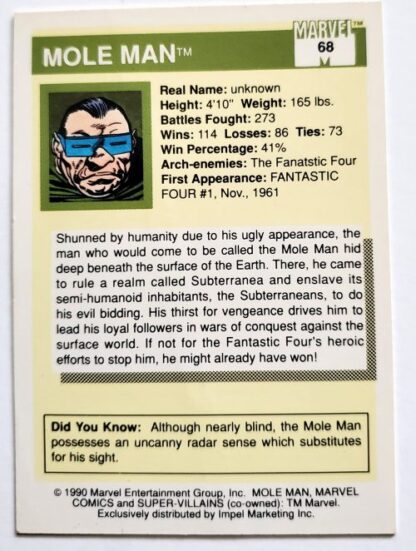Mole Man Marvel 1990 Impel Marketing Comic Card #68 Back