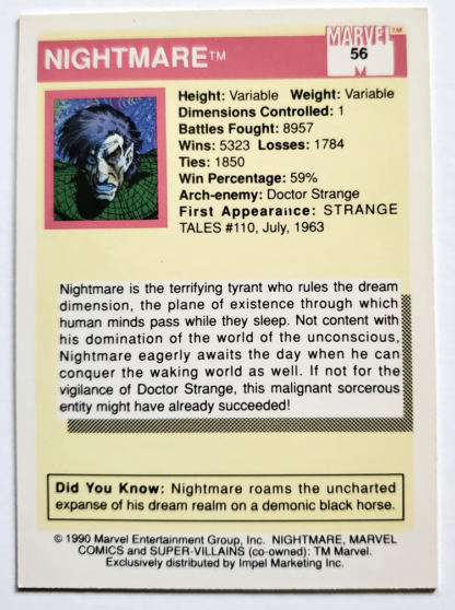 Nightmare Marvel 1990 Impel Marketing Comic Card #56 Back