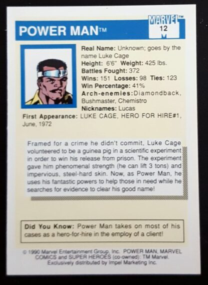 Power Man Marvel 1990 Impel Marketing Comic Card #12 Back