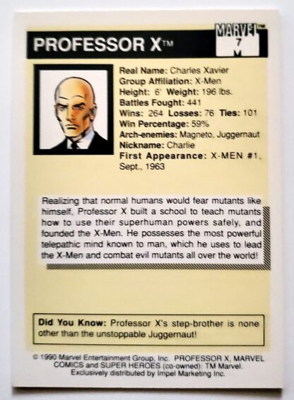 Professor X Marvel 1990 Impel Marketing Comic Card #7 Back