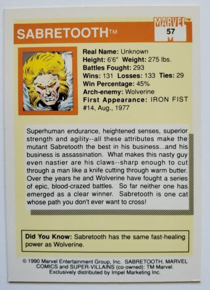 Sabretooth Marvel 1990 Impel Marketing Comic Card #57 Back
