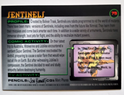 Sentinels X-Men Fleer 1996 "Super Villain" Marvel Comic Card #75 Back