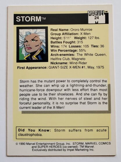Storm Marvel 1990 Impel Marketing Comic Card #24 back