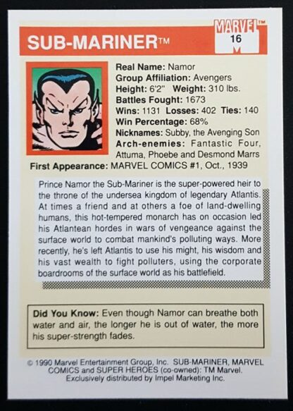 Sub-Mariner Marvel 1990 Impel Marketing Comic Card #16 Back