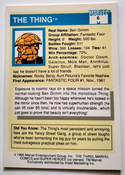 The Thing Marvel 1990 Impel Marketing Comic Card #6 Back