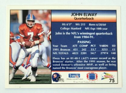 John Elway Pacific 1992 NFL Sports Trading Card #75 Denver Broncos Back