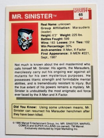 Mr. Sinister Marvel 1990 Impel Marketing Comic Card #65 Back