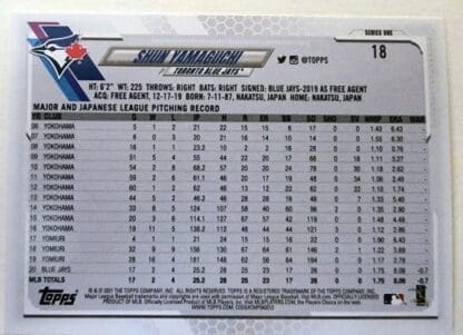 Shun Yamaguchi Topps 2021 MLB Card #18 Toronto Blue Jays Back