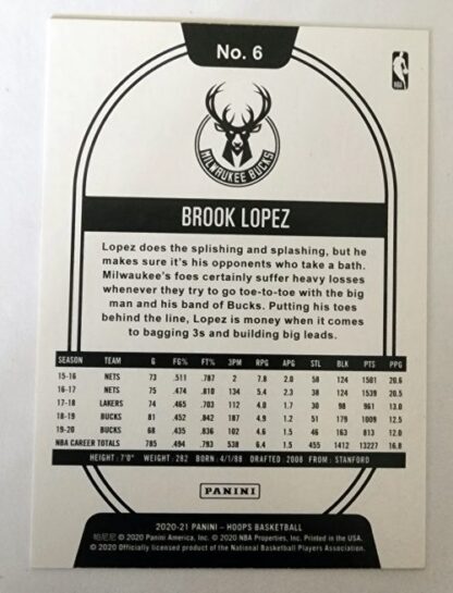 Brook Lopez Hoops Panini 2020 NBA Trading Card #6 Milwaukee Bucks back