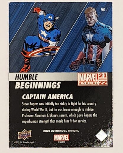 Captain America "Humble Beginnings" Upper Deck 2021 Marvel Comic Card HB-1 Back