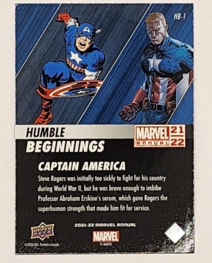 Captain America "Humble Beginnings" Upper Deck 2021 Marvel Comic Card HB-1 Back