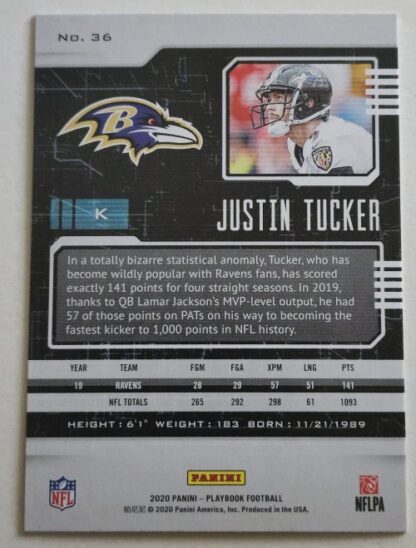 Justin Tucker Panini Playbook 2020 NFL Card #36 Baltimore Ravens Back