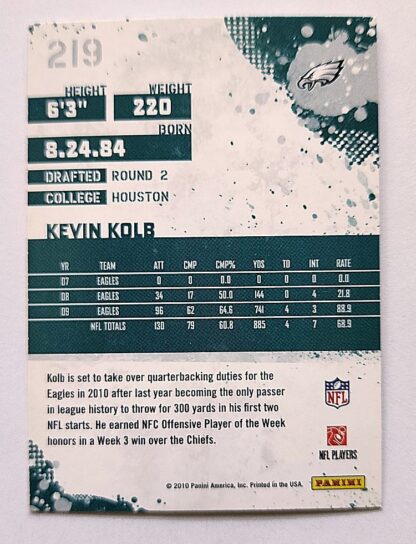 Kevin Kolb Weaver Score 2010 NFL Card #219 Philadelphia Eagles Back